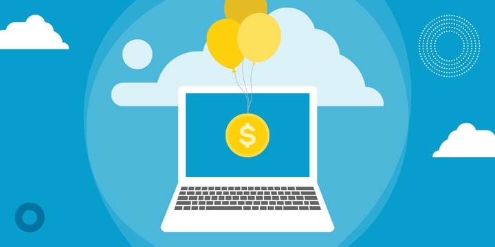 drawing of a computer in the clouds displaying a gold coin attached to three balloons