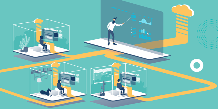 drawing of a path in the cloud from a presenter to three individual participants