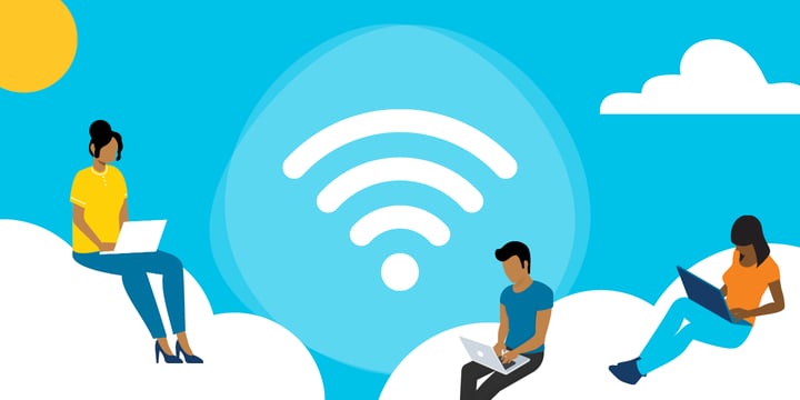 drawing of two women and a man sitting on clouds and using laptops, with the wireless access symbol in the background