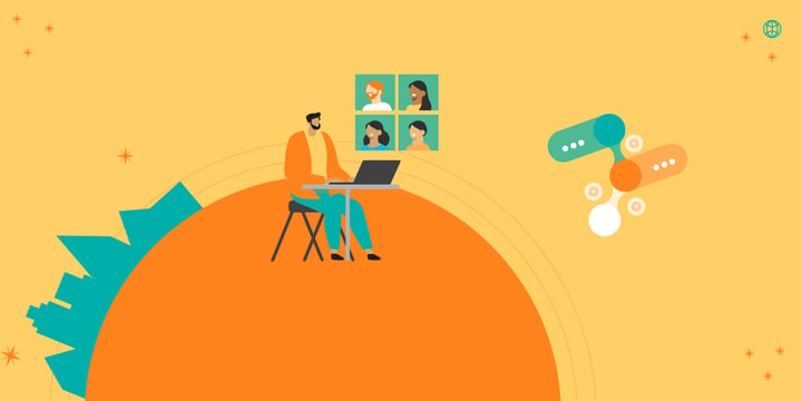 drawing of a man sitting at a table on an orange ball and conferring via video with four other people