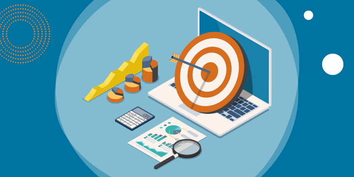 drawing of an arrow hitting a target on a computer near charts and graphs, a calculator, and a magnifier