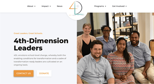 An After picture of 4DL's home page showing the donate button and a clearly stated mission