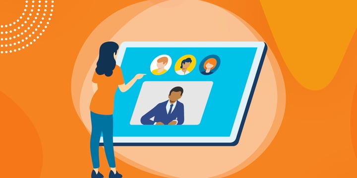 drawing of a woman standing in front of a large screen that shows four people in a video conference