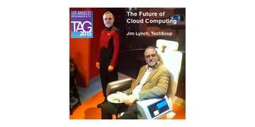 poster for a conference presentation with one Jim Lynch in a Star Trek uniform and another Jim Lynch in street clothes and sitting in a captain's chair