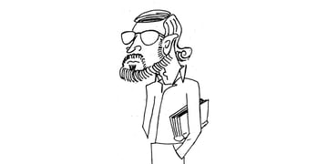 caricature of Jim Lynch, standing, carrying a book