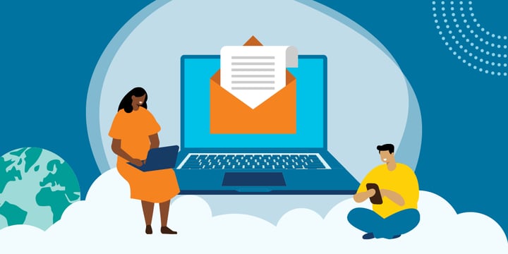 drawing of a woman and man sitting on a cloud and using a laptop and tablet in front of a computer displaying a page in an envelope