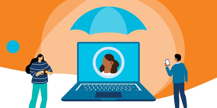 drawing of a man and woman flanking a large computer screen that shows a woman's head, with an umbrella above the screen