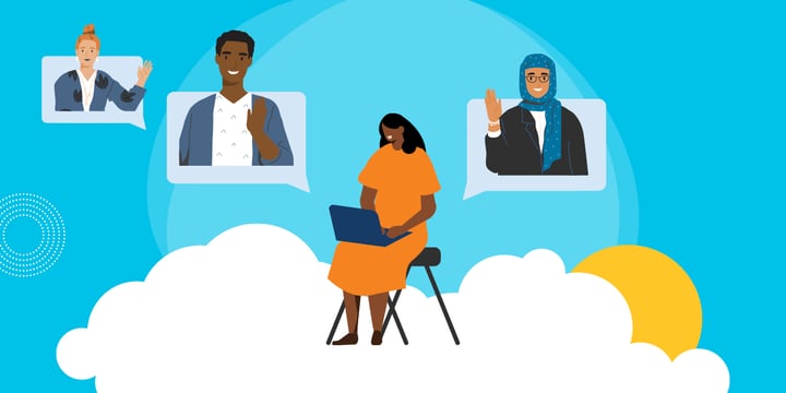 drawing of a woman sitting in a chair on a cloud having an online meeting with a diverse group of people
