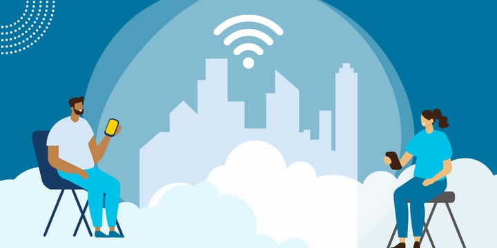 drawing of a man and woman sitting in chairs on a cloud and holding smartphones in front of a skyline with a wireless symbol
