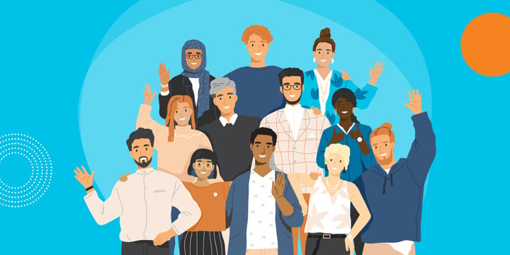 drawing of a diverse group of people posing and waving