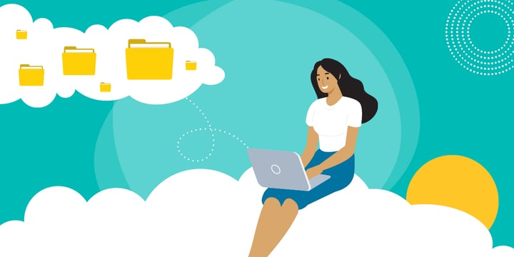 drawing of a woman using a laptop on a cloud, a dotted line connecting it to folders in another cloud
