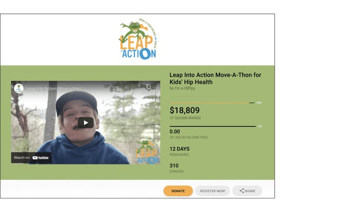 fundraising page for Move-A-Thon showing an embedded video, amount raised, goal, number of kilometres, days remaining, and number of donors