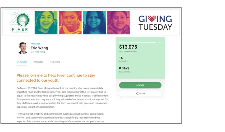 personal fundraising page for Giving Tuesday showing a personal message, amount raised, goal, number of donors, and days remaining