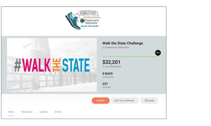 fundraising page for Walk the State Challenge showing amount raised, goal, days remaining, and number of donors