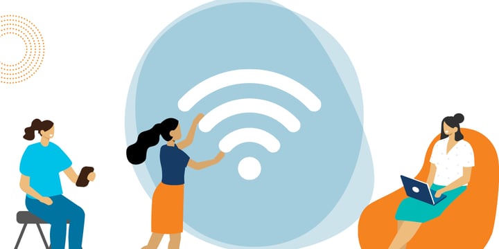 drawing of a woman touching a large wireless symbol flanked by two seated women using mobile devices