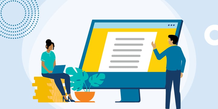 powerpoint grant program drawing of a woman sitting on a pile of coins and using a laptop and a man standing and gesturing at a document on a large computer screen