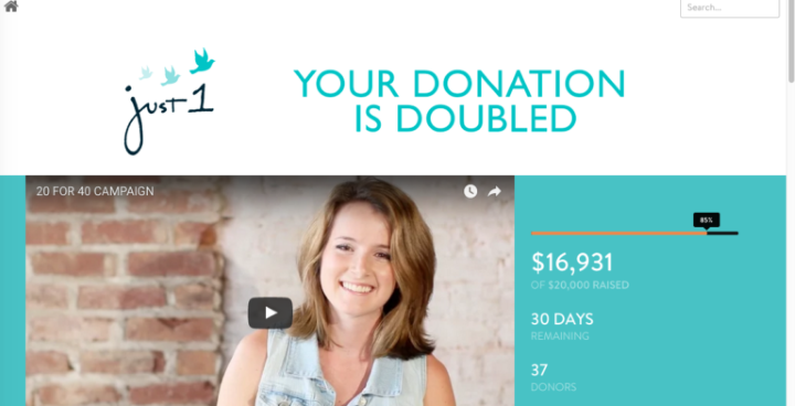 Just1 featured their $20,000 matching grant in the banner of their 20 For 40 Campaign.