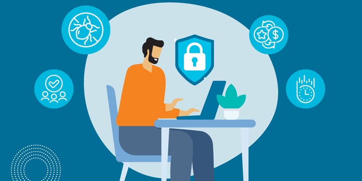 drawing of a man sitting at a computer and surrounded by symbols of security