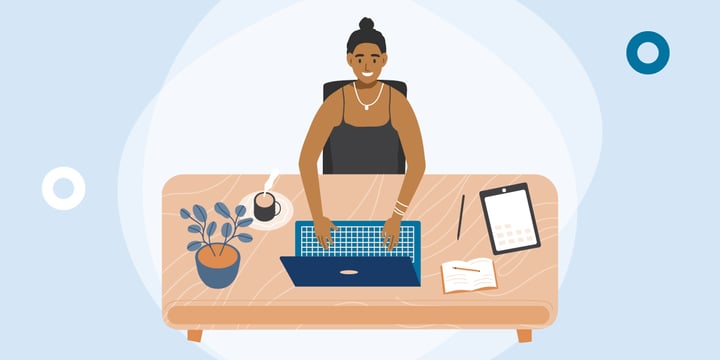 drawing of a woman sitting at a desk with a laptop and a tablet