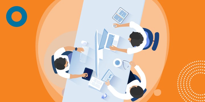 drawing of an overhead view of three people at work on a table
