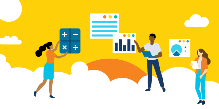 drawing of three people standing on a cloud and interacting with statistical data