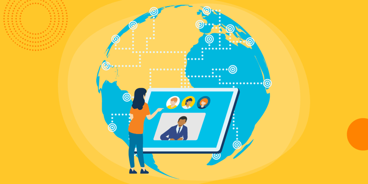 drawing of a woman standing in front of a computer screen in front of a map of global network connections