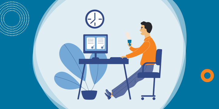 drawing of a man seated at a computer table and holding a steaming cup; wall clock says 8:00
