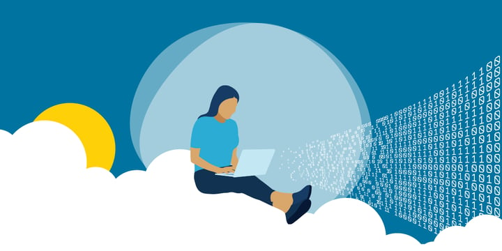 drawing of a woman sitting on a cloud and using a laptop with a stream of 0s and 1s flowing by