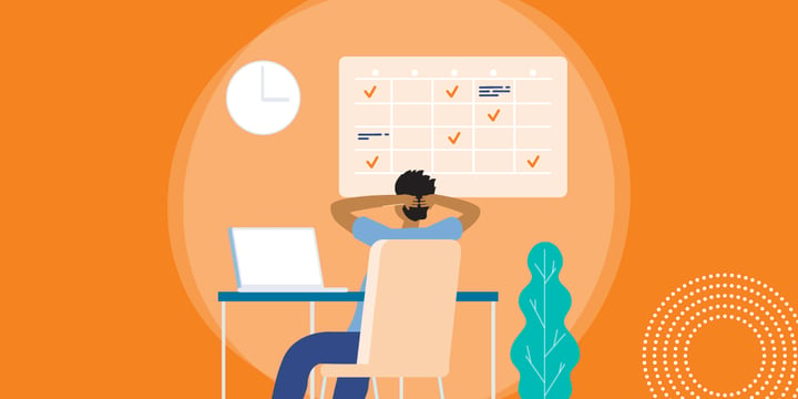 drawing of a person at a computer table leaning back and looking at a wall clock and a planning calendar