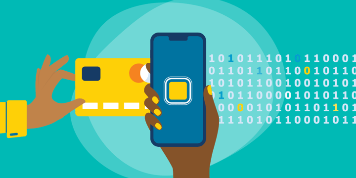 drawing of a credit card being inserted into a smartphone, with zeros and ones coming out the other side