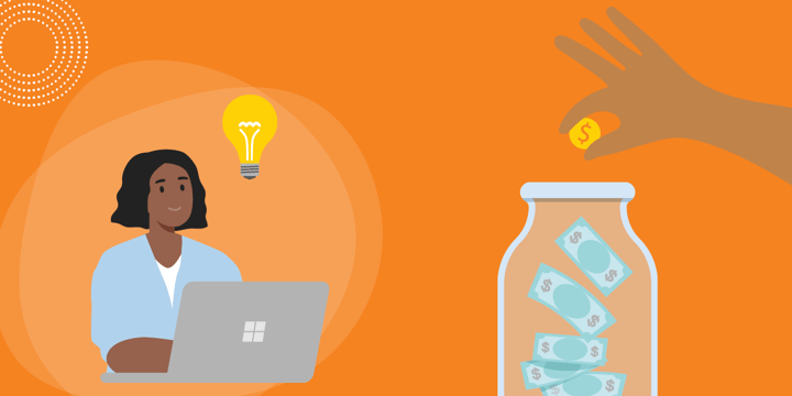 drawing of a woman with a lightbulb symbol sitting at a computer and watching a hand drop money into a jar 