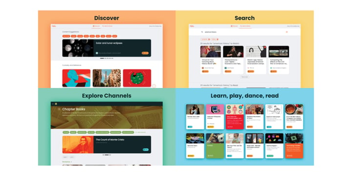 Endless Key screens labeled Discover; Search; Explore Channels; and Learn, play, dance, read