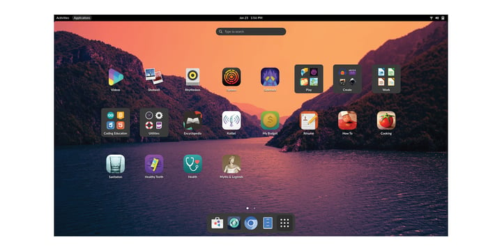 Endless OS photographic desktop with many app icons