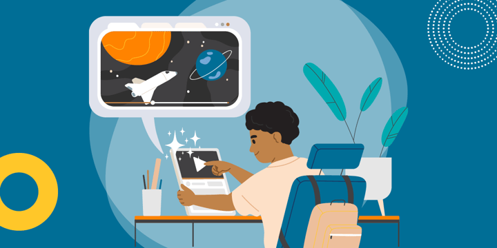 drawing of a boy using a tablet to view a video of a space shuttle