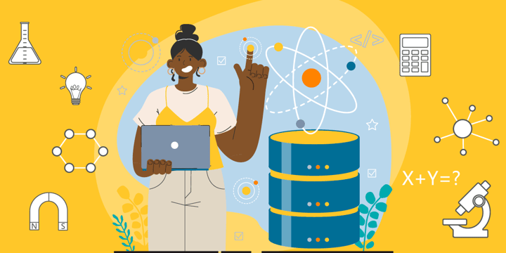 drawing of a Black woman holding a laptop among many symbols of science and technology