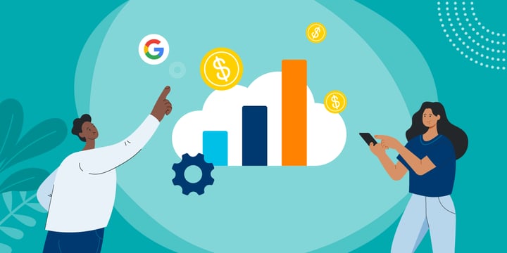 drawing of two people interacting with a cloud showing a bar graph and gold coins