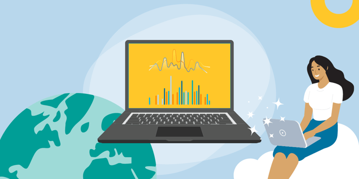 woman sitting on a cloud above the globe using a computer with charts and graphs on the screen