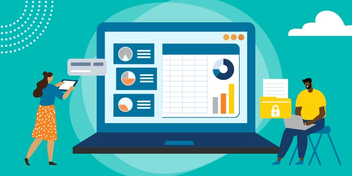 Drawing of a woman with a tablet and a man with a laptop in front of a screen showing charts and graphs