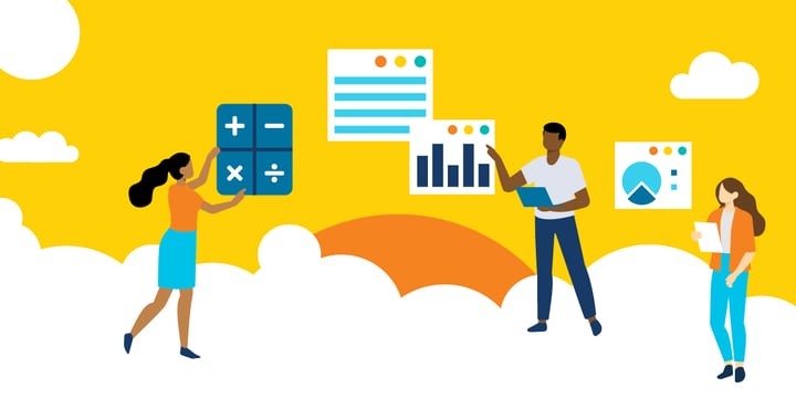 drawing of three people standing on a cloud and interacting with charts and graphs and mathematical symbols