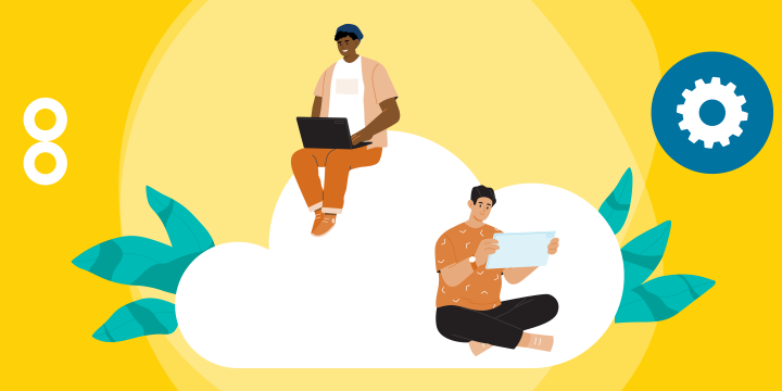 drawing of two men sitting on a cloud and using portable devices