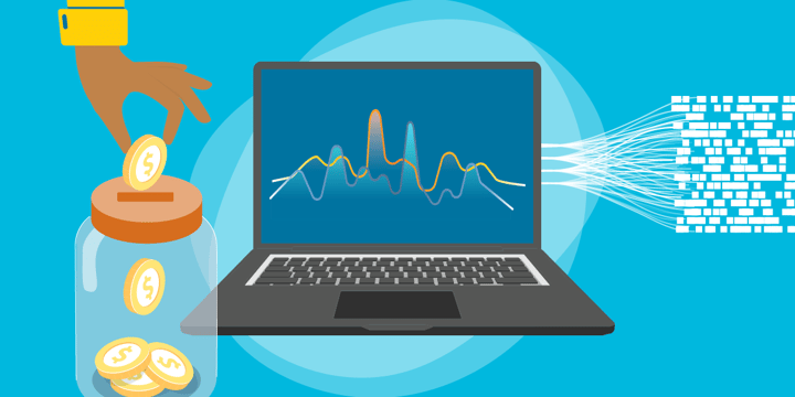 drawing of a hand dropping a coin into a jar., in the background a computer with graphs on the screen and lines connected to blocks of text