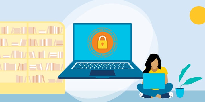 drawing of a woman using a laptop with a padlock symbol in a library