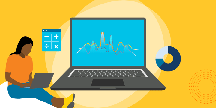 drawing of a woman sitting on a cloud using a computer with mathematical symbols, charts, and graphs