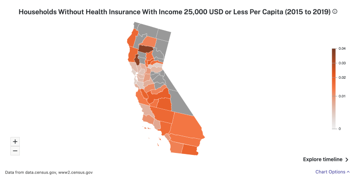 map of California with counties colored according to their households without health insurance