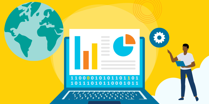 drawing of a man standing on a cloud pointing to a computer that shows a chart of data. with a globe in the background