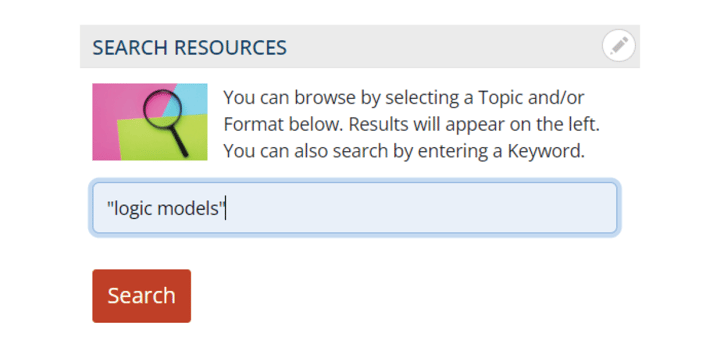 screenshot of a resource search for logic models