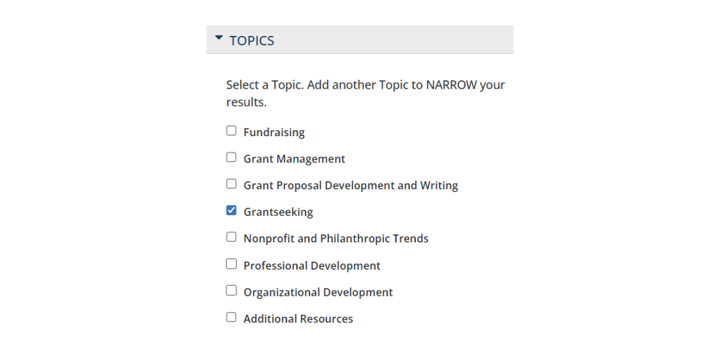 screenshot of a topic list with grantseeking selected