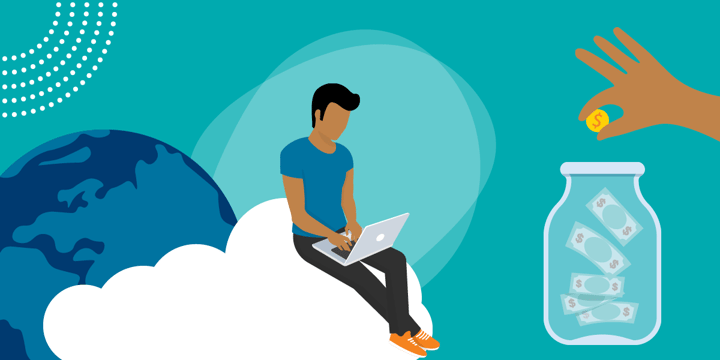 drawing of a man using a laptop on a cloud next to a hand dropping money into a donation jar