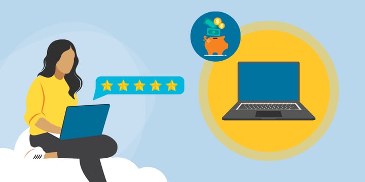 drawing of a woman sitting on a cloud using a refurbished computer with a five-star rating