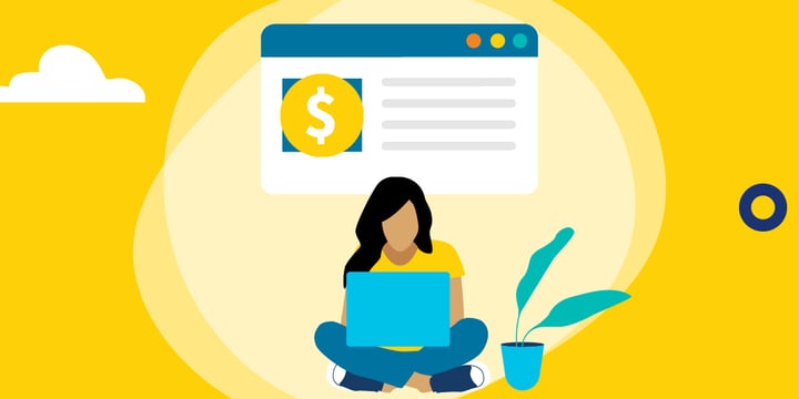 how to research grant opportunities drawing of a woman seated cross-legged looking at a laptop showing a money symbol